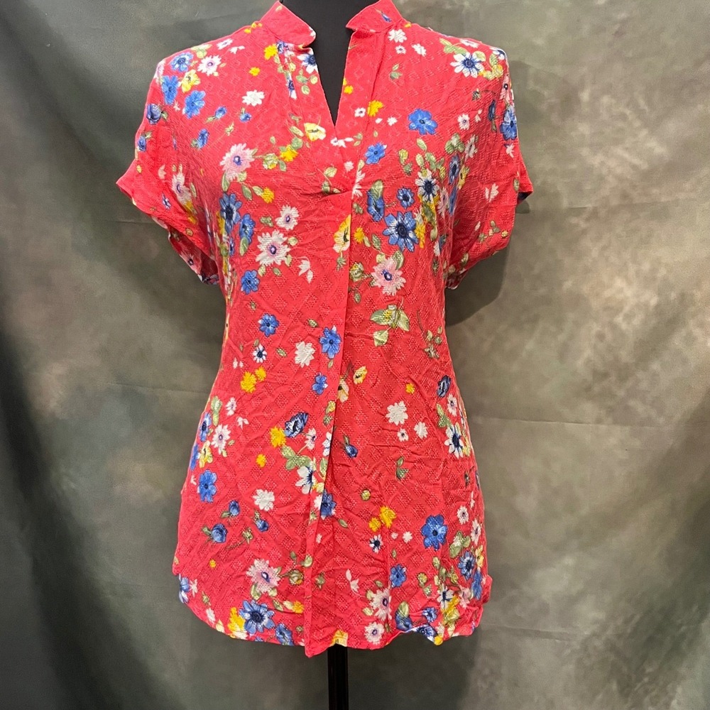 W5 Womens Coral Floral Short Sleeve Mandarin Collar Tunic‎ Shirt Top Size Medium